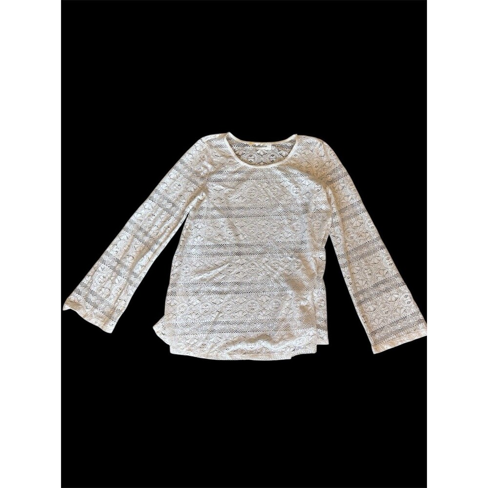 Vtg Sheer Cream Crochet Lace Whimsigoth Witchy Bell Sleeve Top USA Made M